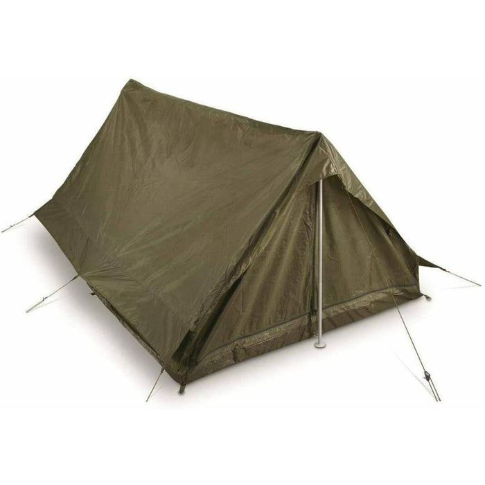 Olivbeiges, echtes F1/F2-Militärüberschusszelt der französischen Armee für 2 Personen mit wasserdichtem Polyester und Moskitonetzschutz.