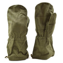 Pair of genuine French army olive cotton mittens designed for durable winter workwear and harsh conditions.