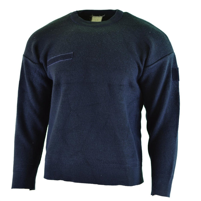 Autentico maglione commando blu dell'esercito francese con girocollo, maglione militare leggero e resistente con toppe a strappo.