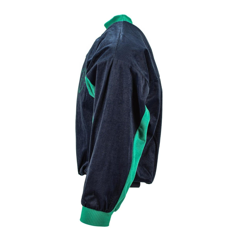 Side view of genuine French army navy green turtleneck sports sweater with cotton blend and vintage design