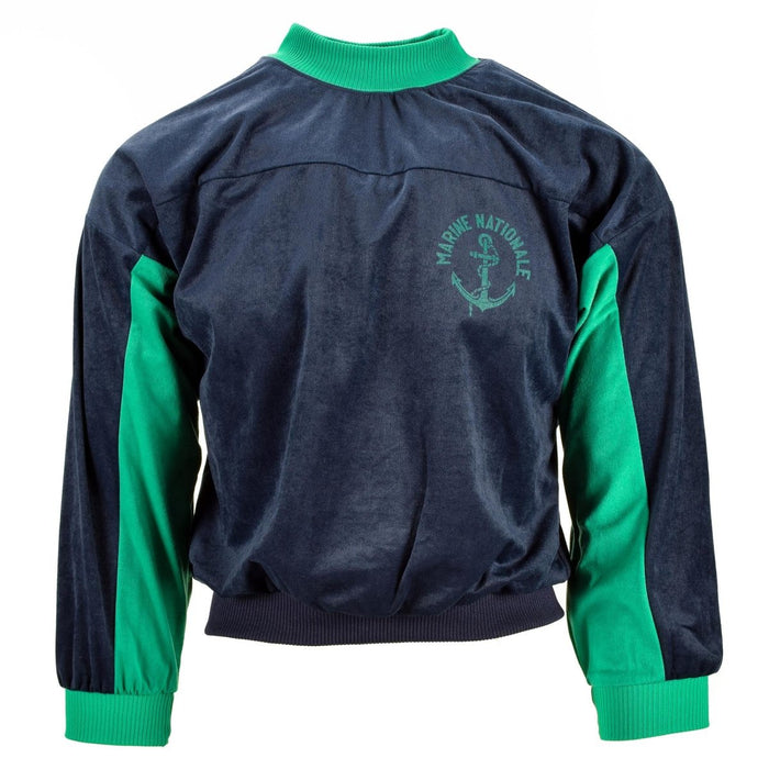 Oryginalny sweter sportowy armii francuskiej w kolorze granatowym, z golfem i emblematem Marine Nationale, wykonany z mieszanki bawełny, sweter w stylu vintage.