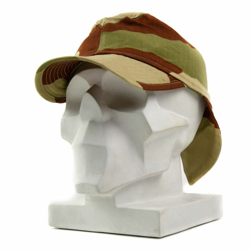 French army desert camo swallowtail combat cap with neck flap and adjustable stiff brim on mannequin head