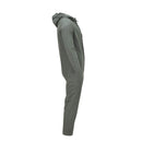 Side view of genuine French military cold weather hooded coverall jumpsuit in olive green color new condition
