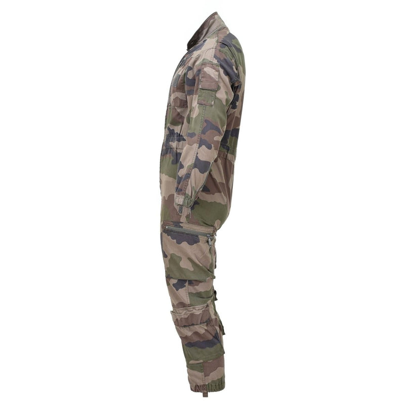 Side view of genuine French military CCE camouflage coverall jumpsuit with roomy fit and durable fabric