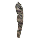 Side view of genuine French military CCE camouflage coverall jumpsuit with a roomy fit and durable fabric.