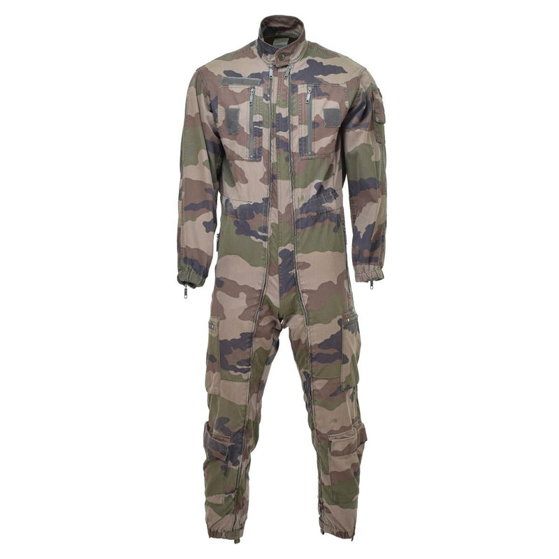 Genuine French military CCE camouflage mechanic jumpsuit with roomy fit, durable polycotton, reinforced knees and elbows.