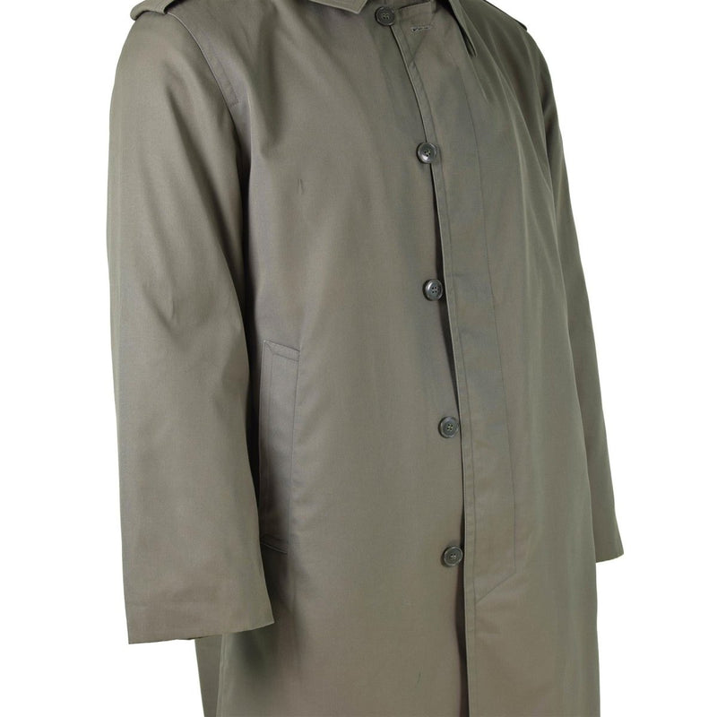 Olive green full-length vintage French military waterproof raincoat with button closure and side pockets