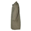 Side view of genuine French military olive green waterproof rain trench coat full length