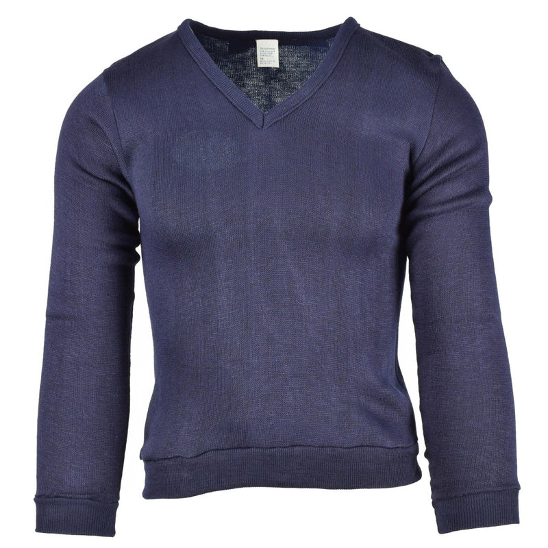 Genuine French Military School blue V-neck jersey sweatshirt made of lightweight breathable cotton fabric.