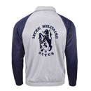 Back view of grey and navy blue Lycée Militaire Autun sports jacket with official school emblem printed in navy blue