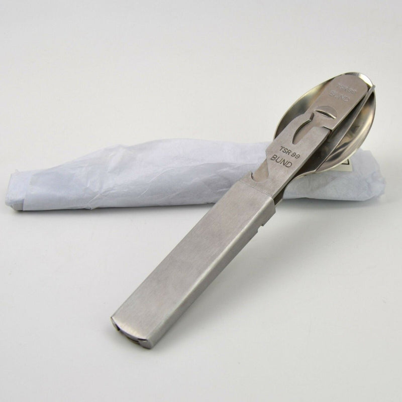 Compact genuine German army stainless steel multitool cutlery set with fork, spoon, knife, and can opener for outdoor use
