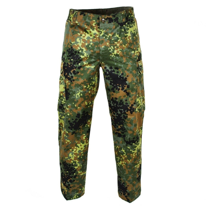 Genuine German Army Flecktarn camo field pants with cargo pockets and durable fabric for military use.