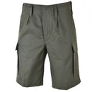 Genuine German army issue olive moleskin cargo shorts with durable fabric and multiple pockets for outdoor use.
