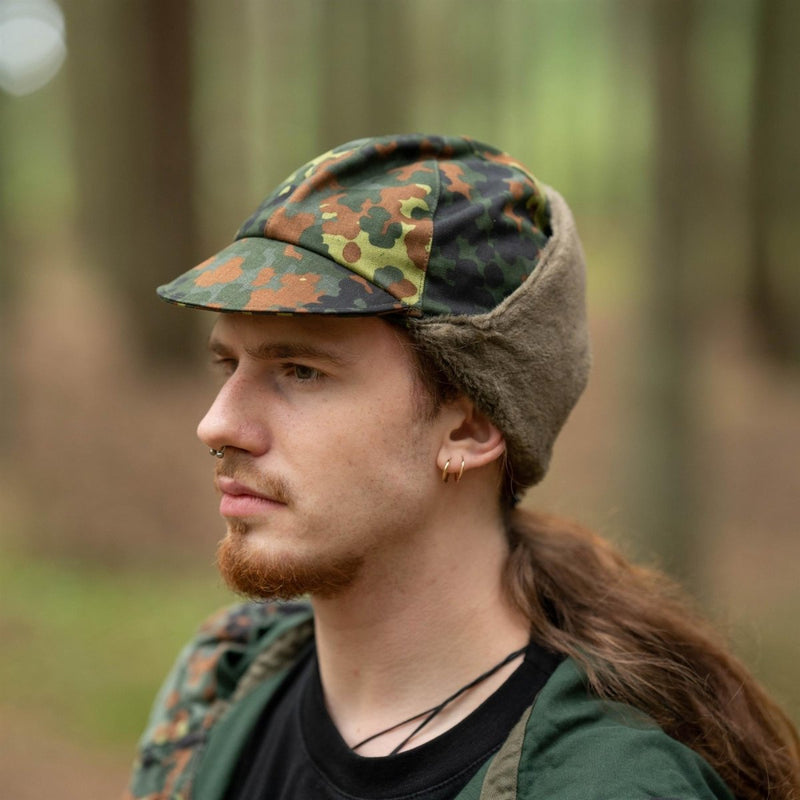 Genuine German Army Military Winter Pile Cap flecktarn hat warm cold weather - GoMilitar