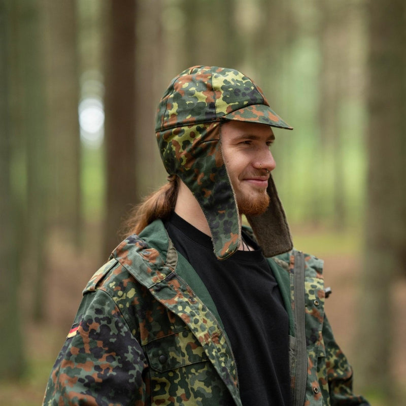 Genuine German Army Military Winter Pile Cap flecktarn hat warm cold weather - GoMilitar