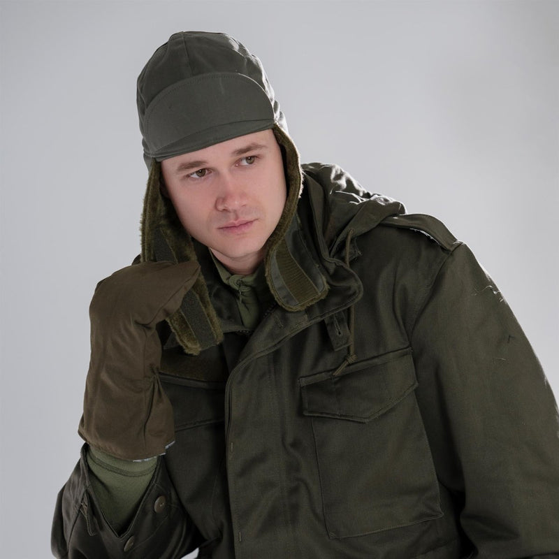 Genuine German Army Military Winter Pile Cap Olive drab OD hat warm cold weather - GoMilitar