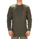 German army green olive wool sweater with reinforced patches, chest pocket, and German flag insignia on sleeves.