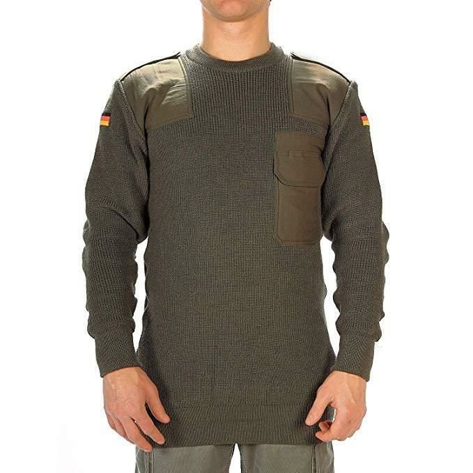 German army green olive wool sweater with reinforced patches, chest pocket, and German flag insignia on sleeves.