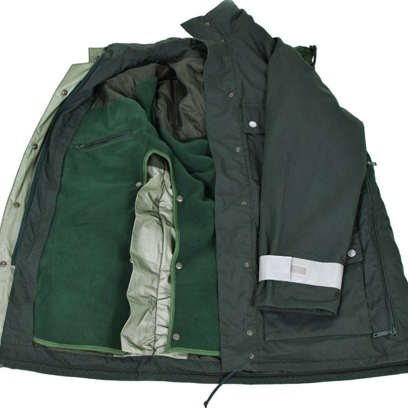 Open genuine German police GoreTex parka in green showing inner lining and waterproof fabric details