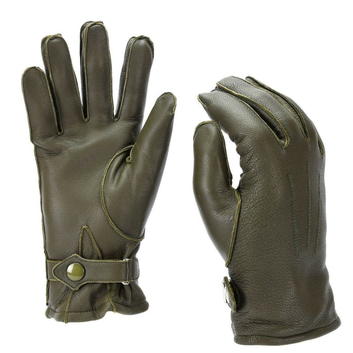 Echte Duitse leren politiehandschoenen in olijfgroen met wollen voering en verstelbare riem voor winterwarmte en duurzaamheid.