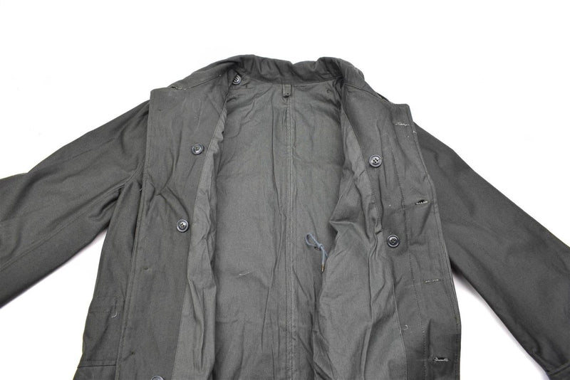 Open genuine grey Greek Army M65 unlined military surplus jacket showing interior and button closures