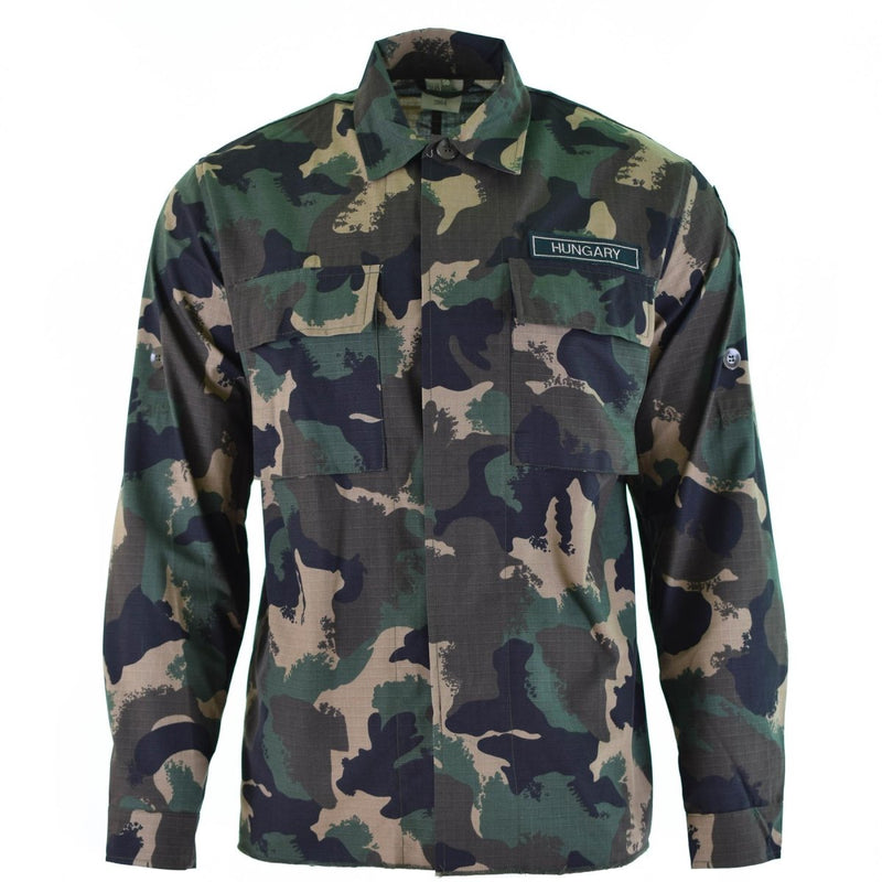 Genuine Hungarian Army M90 camo shirt with four-color camouflage, long sleeves, ripstop fabric, new military design.