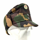 Hungarian camo army winter cap with neck flap and national color badge for military field use, warm and protective design