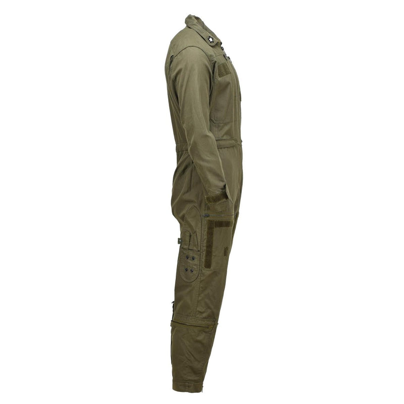Side view of genuine Italian army olive green aramid coverall flight suit with zipped pockets and adjustable waist