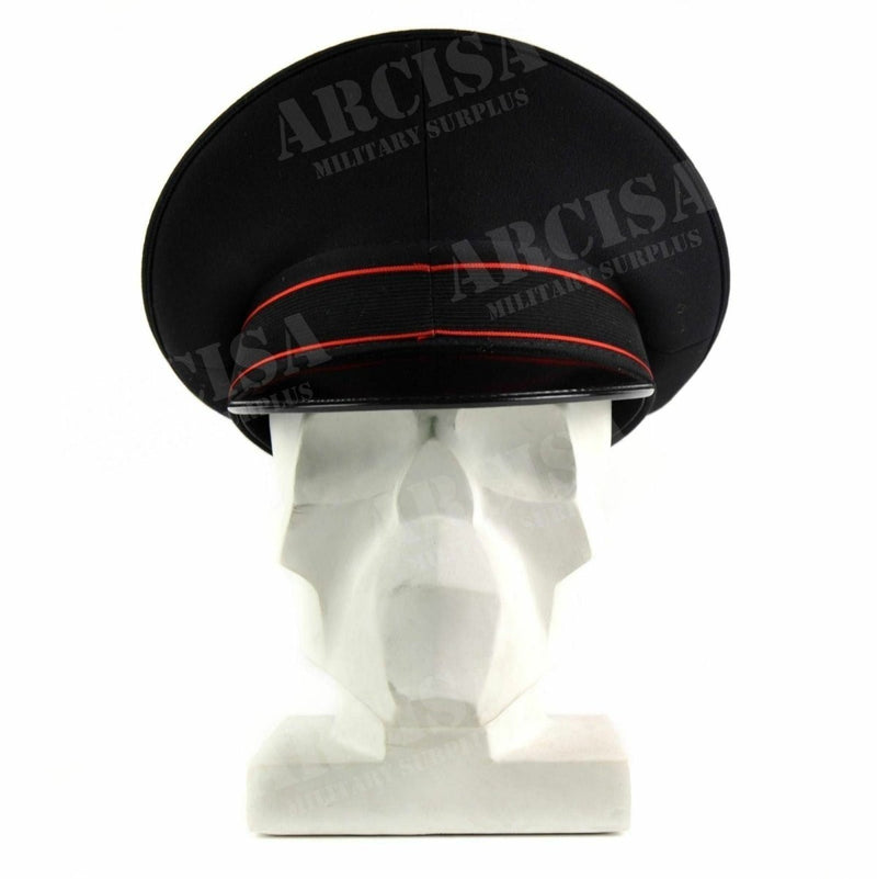 Authentic Italian Army Military Police black peaked cap with red trim and visor displayed on a white mannequin head.