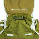 Open vintage Norwegian military green canvas backpack with metal frame and leather straps, showing interior and zippered pocket