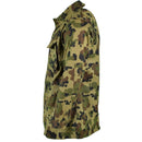 Side view of genuine Romanian army M93 camouflage field jacket with multiple pockets and durable fabric