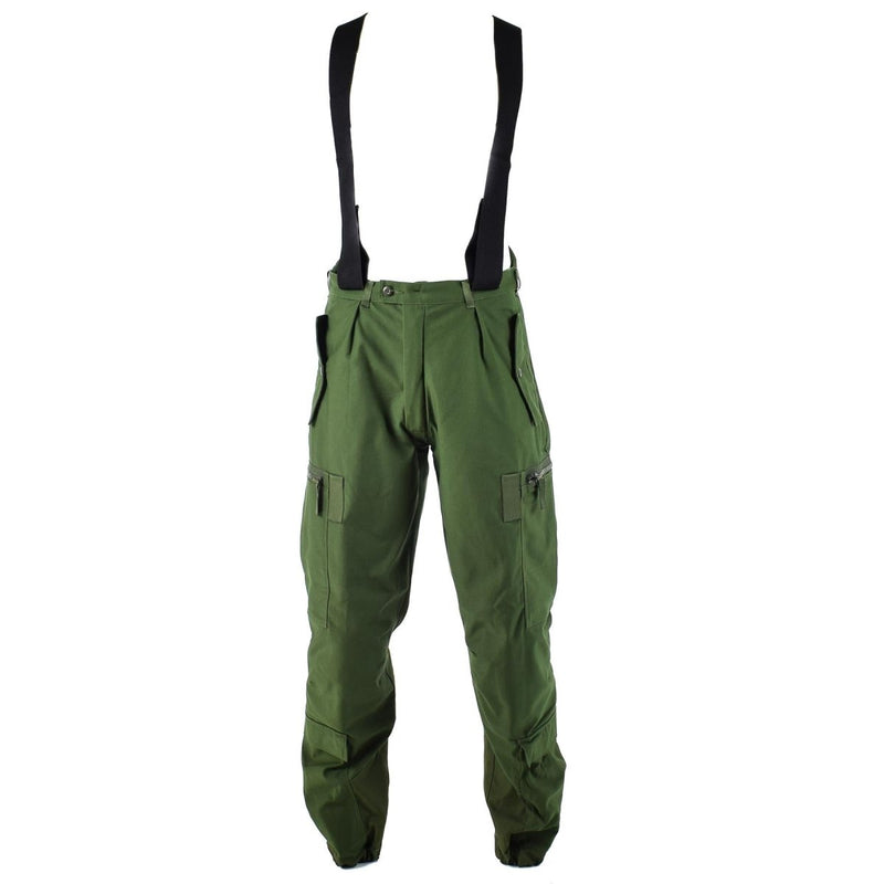Swedish military thermal olive BDU pants with braces for extreme cold weather protection and durability