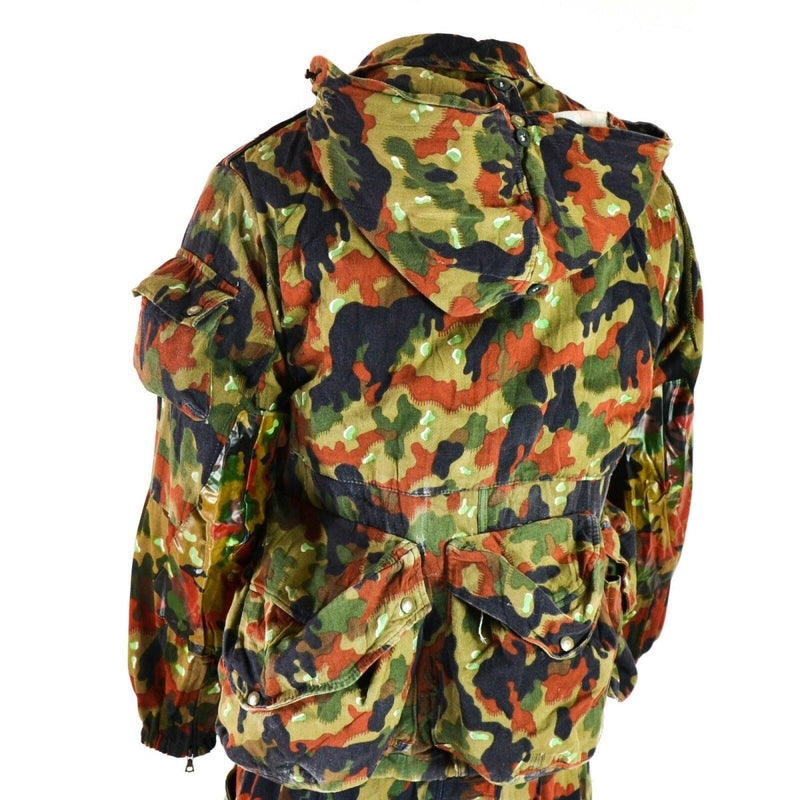 Back view of genuine Swiss army M70 Alpenflage camo hooded parka with multiple pockets and adjustable waist.