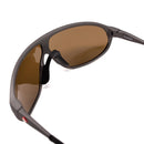 Close-up of Genuine Swiss Army SUVASOL black sunglasses with brown shatter-resistant lenses and lightweight frame
