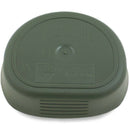 Folded genuine Wildo brand collapsible camping cup in olive green, compact and lightweight for outdoor use.