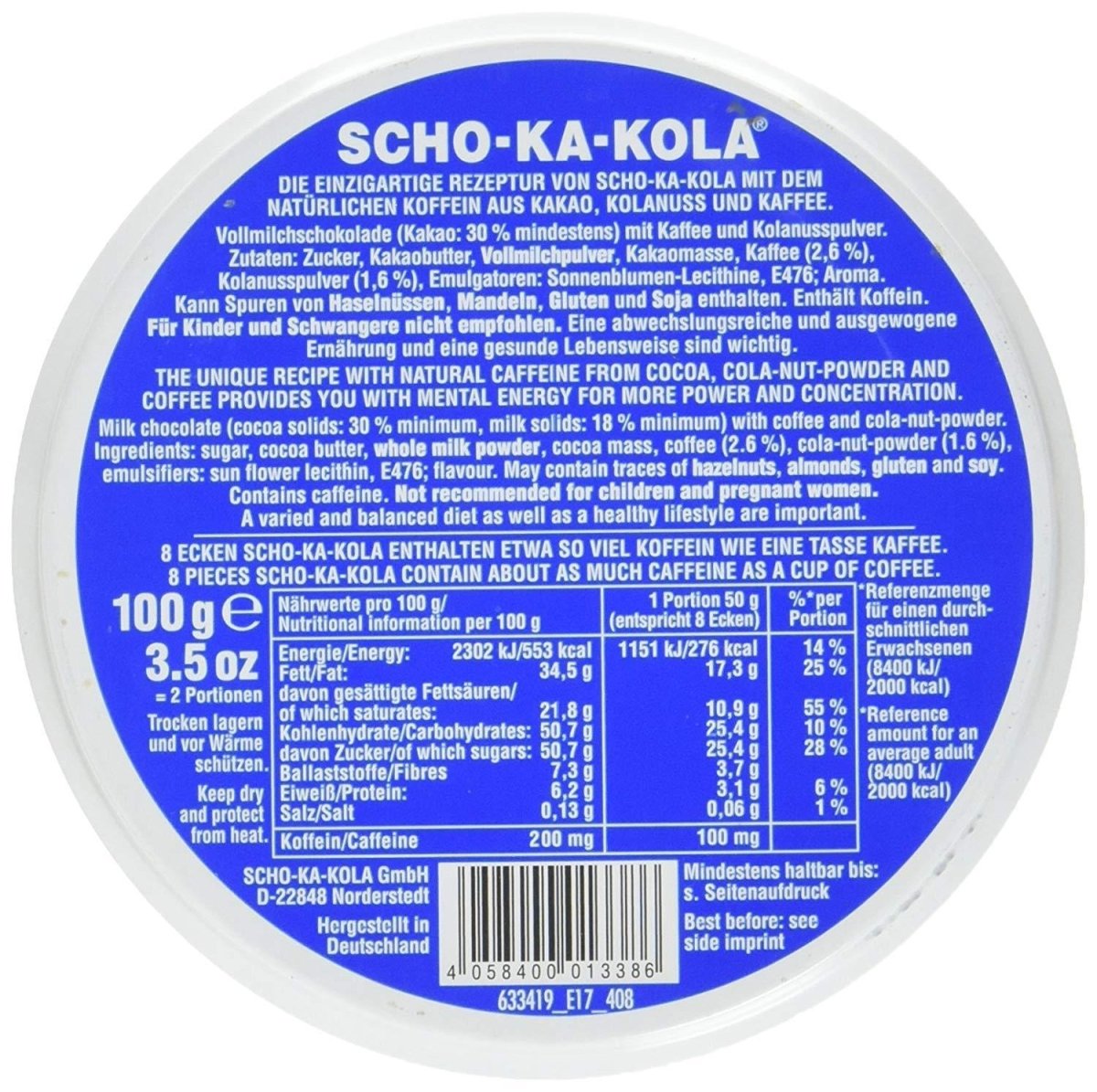 Niemiecka energia mleczna czekolada scho-kola-kola pełne mleko 100 g puszka puszka niebieska