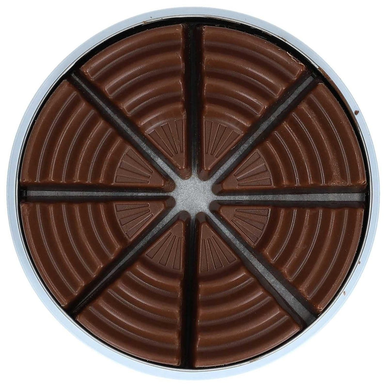 Round tin of German Scho-Ka-Kola whole milk chocolate divided into eight wedge-shaped pieces for energy boost.