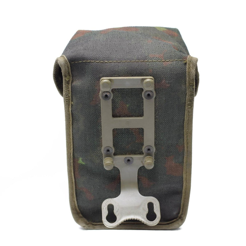 German military G3 magazine pouch with Flecktarn camouflage and metal belt clip attachment shown from back view.