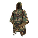 Camouflage hooded Swagman roll poncho designed for lightweight, water-resistant outdoor rain protection and insulation.