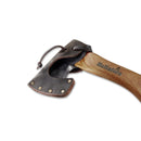 HULTAFORS Agelsjon mini hatchet with leather sheath, carbon steel blade, and ergonomic American hickory wood handle for outdoor use.