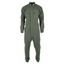 Olive green Italian army tanker coverall jumpsuit military surplus with zippered chest pockets and high collar design