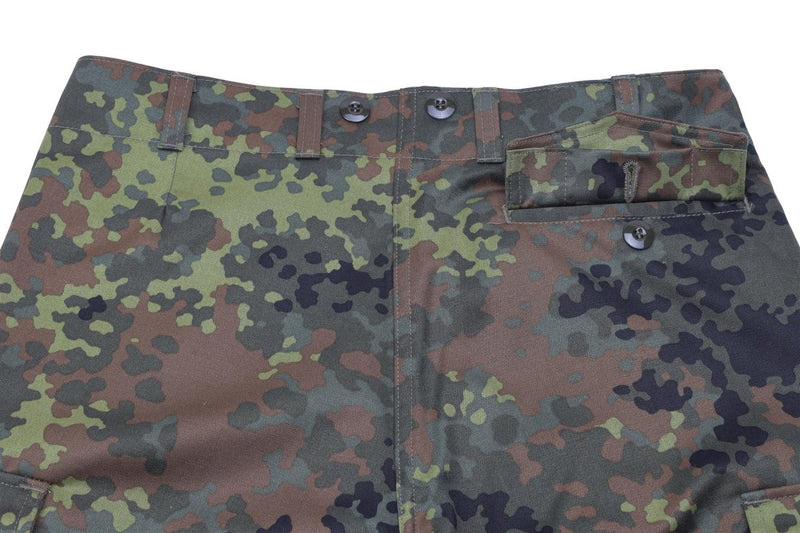 Close-up of Leo Kohler lightweight tactical airsoft pants in Flecktarn camo with belt loops and buttoned pocket detailing.