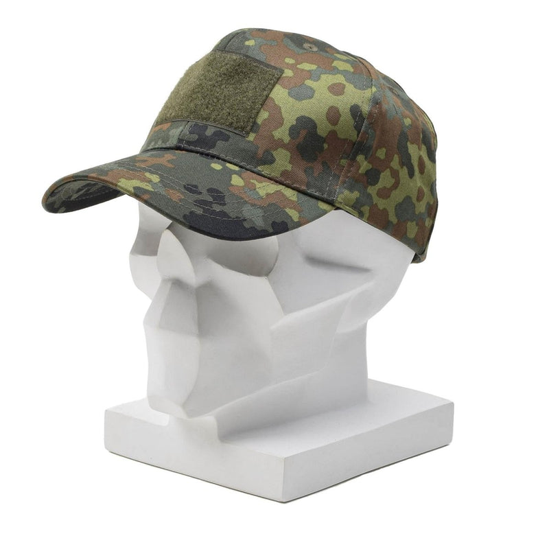 Leo Kohler military flecktarn camouflage baseball cap with peaked visor on white mannequin head.
