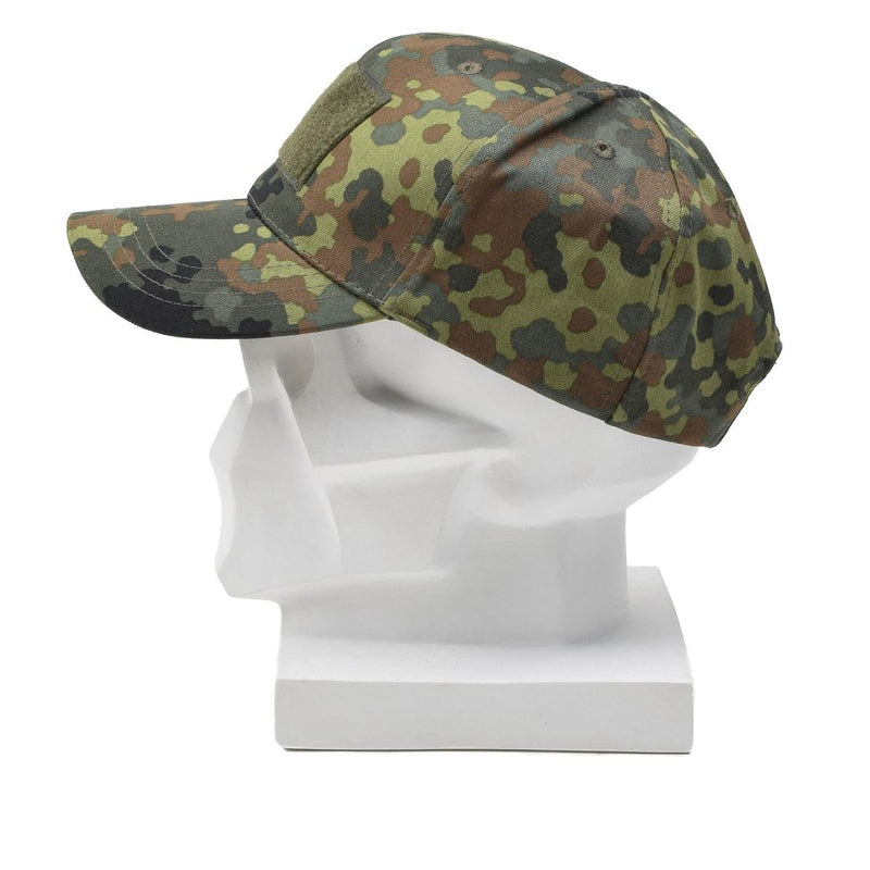 Leo Kohler military baseball cap with BW flecktarn camouflage and adjustable strap on white mannequin head.