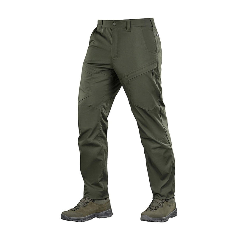 Olive green M-TAC military tactical pants with water-resistant ripstop fabric and multiple cargo pockets.