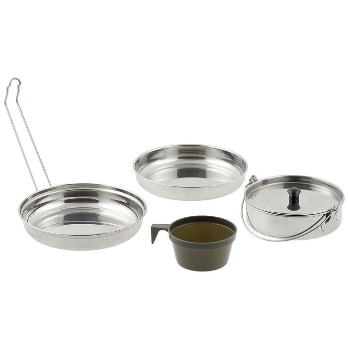 Kit da campeggio MFH da 5 pezzi in acciaio inossidabile con pentola, padella, ciotola e bicchiere di plastica per escursioni e trekking