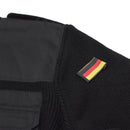 Close-up of black MFH Brand German army sweater showing rib knit texture and German flag patch on shoulder