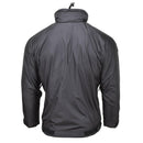 Back view of MFH brand lightweight black thermal hooded sports jacket Anorak with adjustable collar and cuffs.