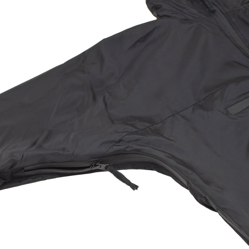 Close-up of MFH brand black lightweight hooded Anorak sports jacket with zipper detail on sleeve.