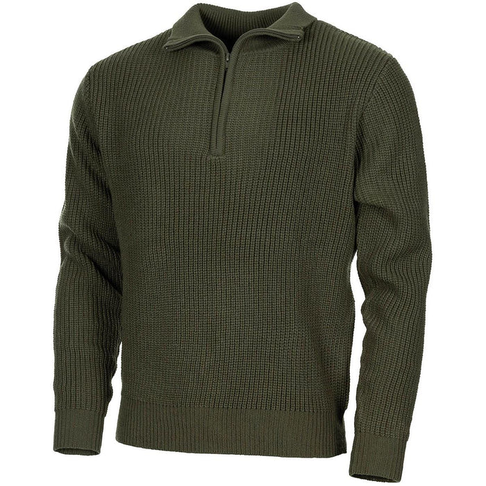 MFH Brand pull style troyer pull quart zippé pull en tricot côtelé olive NOUVEAU - GoMilitar